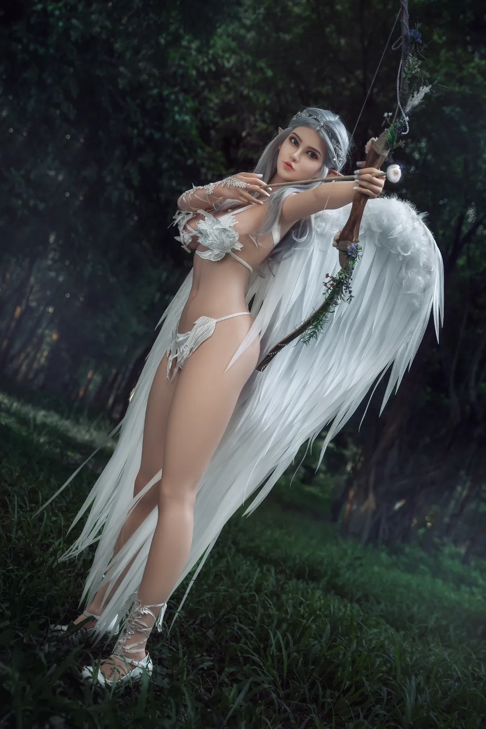 ROSRETTY Doll 164cm (5ft5) D-Cup Cosplay Oreilles d'Elfe Cheveux Argentés Silicone Poupée sexuelle Melissa, Tête S12